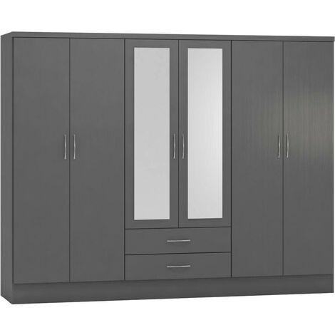 Nevada 6 Door 2 Drawer Mirrored Wardrobe in 3D Effect Grey Finish