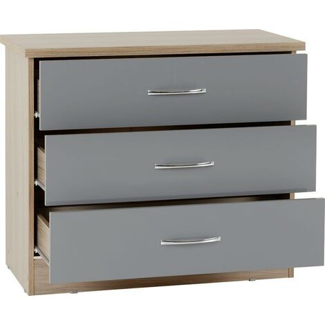 Nevada 3 Drawer Chest - L40 x W81 x H70.5 cm - Grey Gloss/Light Oak Effect Veneer