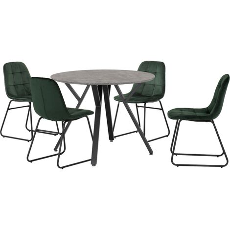Athens Round Dining Set with Lukas Chairs - Concrete Effect/Black/Emerald Green Velvet (1/5)