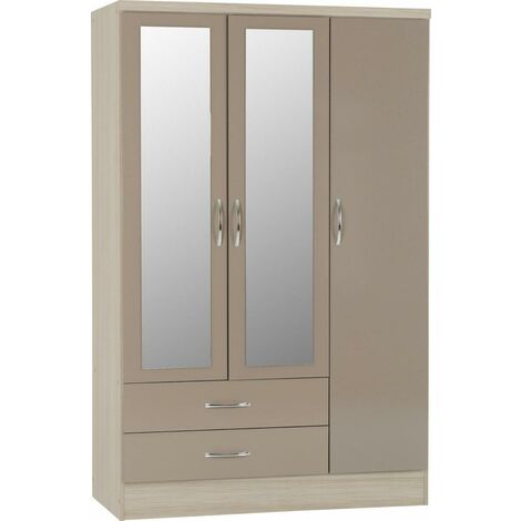 Nevada 3 Door 2 Drawer Mirrored Wardrobe - L52 x W116 x H182.5 cm - Oyster Gloss/Light Oak Effect Veneer (1/5)