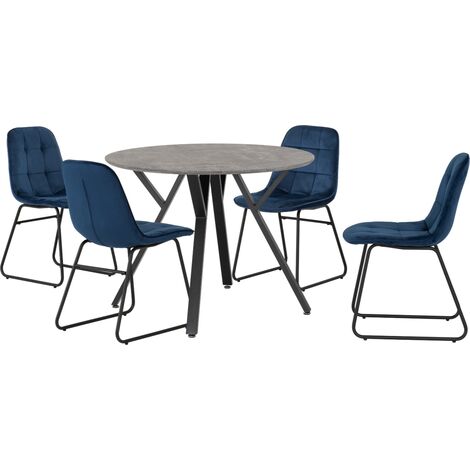 Athens Round Dining Set with Lukas Chairs - Concrete Effect/Black/Sapphire Blue Velvet (1/5)