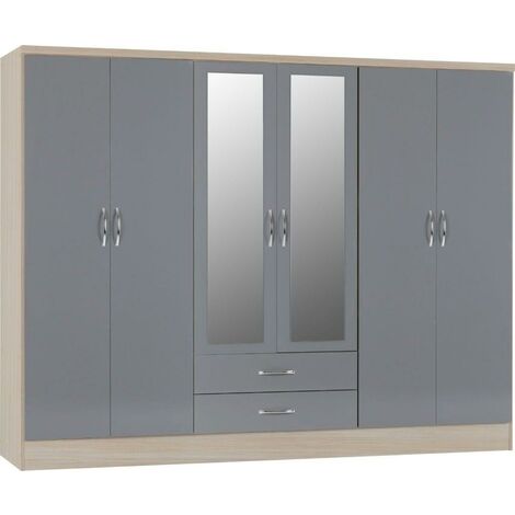 Nevada 6 Door 2 Drawer Mirrored Wardrobe - L52 x W230 x H182.5 cm - Grey Gloss/Light Oak Effect Veneer
