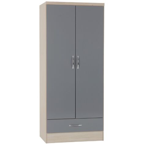 Nevada 2 Door 1 Drawer Wardrobe - L52 x W78 x H182.5 cm - Grey Gloss/Light Oak Effect Veneer (1/5)