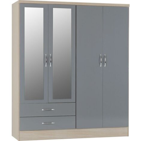 Nevada 4 Door 2 Drawer Mirrored Wardrobe - L52 x W154 x H182.5 cm - Grey Gloss/Light Oak Effect Veneer