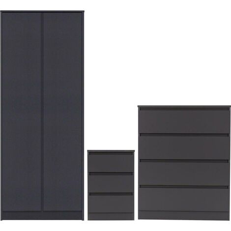 Malvern Trio Bedroom Set Wardrobe Chest of Drawers Bedside Grey Finish (1/2)