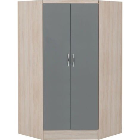 Nevada 2 Door Corner Wardrobe - L108 x W143 x H182.5 cm - Grey Gloss/Light Oak Effect Veneer (1/5)