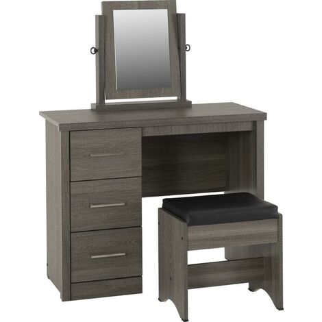 Lisbon 3 Piece Dressing Table Set with Mirror - Black Wood Grain/Black Faux Leather (1/5)