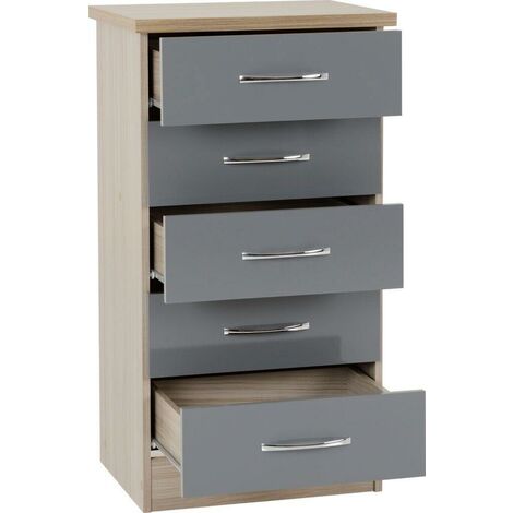 Nevada 5 Drawer Narrow Chest - L40 x W50 x H93 cm - Grey Gloss/Light Oak Effect Veneer (1/5)