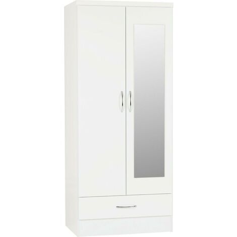 Nevada Mirrored 2 Door 1 Drawer Wardrobe - L52 x W78 x H182.5 cm - White Gloss (1/4)