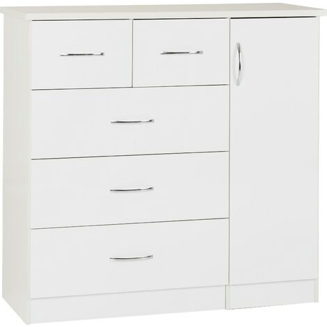 Nevada low wardrobe 1 door 5 drawers – White gloss finish – Dimensions: 1170mm width x 460mm depth x 1150mm height – Seconique (1/5)
