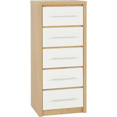 Seconique Seville White Gloss & Oak 5 Drawer Tall Narrow Chest (1/5)