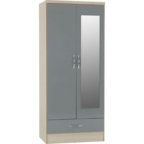 Nevada Mirrored 2 Door 1 Drawer Wardrobe - L52 x W78 x H182.5 cm - Grey Gloss/Light Oak Effect Veneer