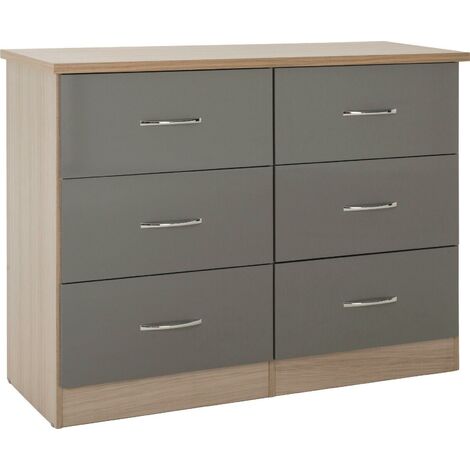 Nevada 6 Drawer Chest - L46 x W120 x H89.5 cm - Grey Gloss/Light Oak Effect Veneer