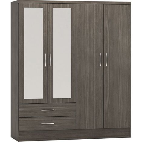 Nevada 4 Door 2 Drawer Mirrored Wardrobe in Black Wood Grain Effect Finish (1/5)