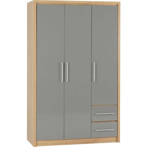 Seville 3 Door 2 Drawer Wardrobe - L47 x W111 x H180 cm - Grey High Gloss/Light Oak Effect Veneer