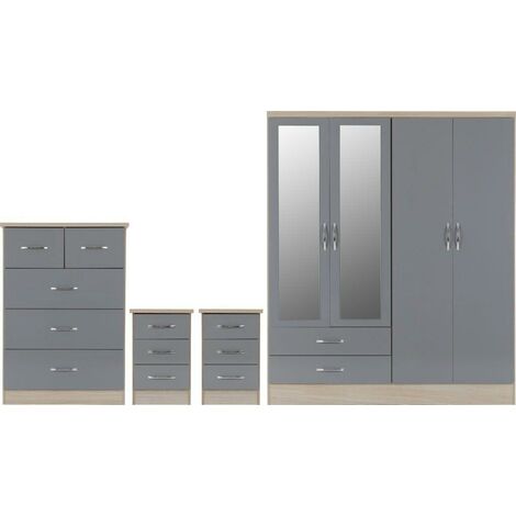 Nevada 4 Door 2 Drawer Mirrored Wardrobe Set Grey Gloss 2 Man Del (1/5)