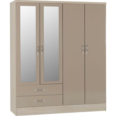Seconique Nevada Oak and Oyster Gloss 4 Door 2 Drawer Wardrobe (1/4)