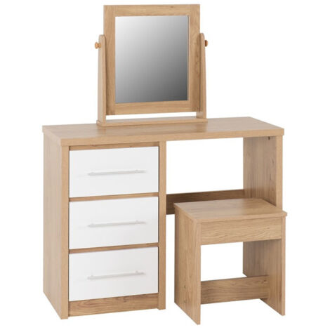 Seville 3 Drawer Dressing Table Set - White High Gloss/Light Oak Effect Veneer (1/6)