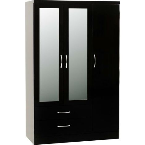 Nevada 3 Door 2 Drawer mirrored wardrobe – Black gloss finish – 1160mm width – 1825mm height – Hanging area W750 D500 H1285mm – Seconique (1/4)