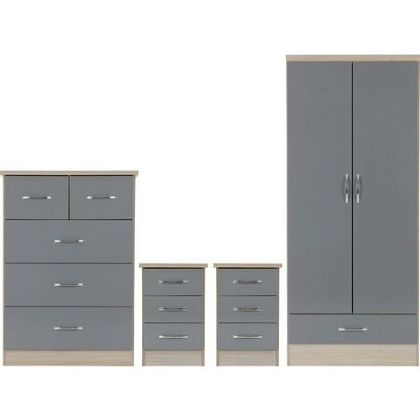 Nevada 2 Door 1 Drawer Wardrobe Bedroom Set - Grey Gloss/Light Oak Effect Veneer (1/4)