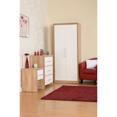 Seconique Seville White Gloss & Oak 3 Piece Bedroom Set Wardrobe, Drawers & Bedside Cabinet (1/5)
