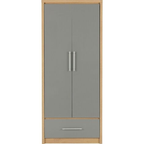 Seville 2 Door 1 Drawer Wardrobe - L47 x W76 x H180 cm - Grey High Gloss/Light Oak Effect Veneer (1/4)