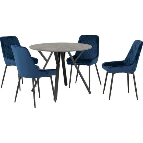 Athens Round Dining Set with Avery Chairs - Concrete Effect/Black/Sapphire Blue Velvet (1/5)