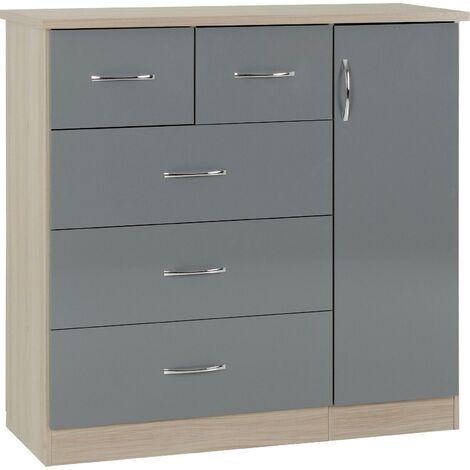 Nevada 5 Drawer Low Wardrobe - L46 x W117 x H115 cm - Grey Gloss/Light Oak Effect Veneer (1/5)