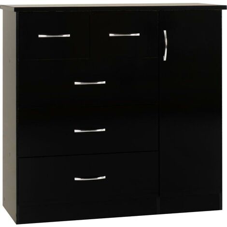 Nevada 5 drawer 1 door low wardrobe – Black gloss finish – Composite board with metal handles – Dimensions: 1170 x 460 x 1150mm – Seconique (1/5)