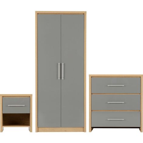 Seconique Seville Grey Gloss & Oak 3 Piece Bedroom Set Wardrobe, Drawers & Bedside Cabinet (1/4)