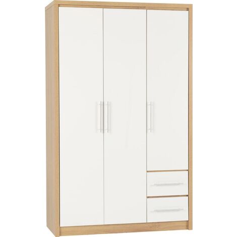 Seville 3 Door 2 Drawer Wardrobe - L47 x W111 x H180 cm - White High Gloss/Light Oak Effect Veneer (1/4)