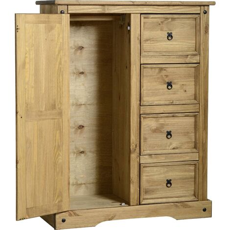 Corona 1 Door 4 Drawer Low Combi Wardrobe in Distressed Waxed Pine