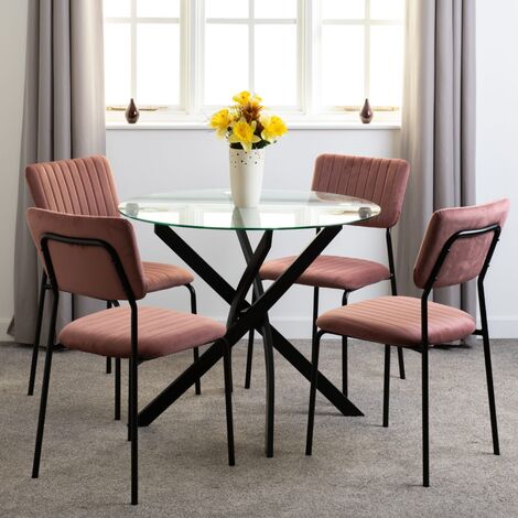 Sheldon Round Clear Glass Top Dining Set with 4 Pink Fabric Chairs
