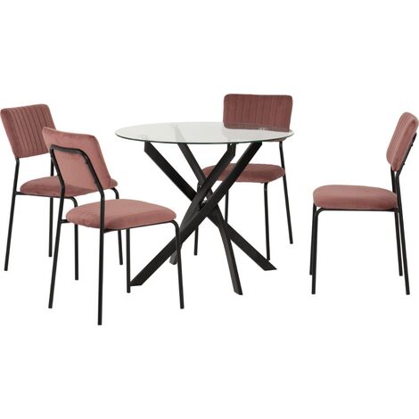 Sheldon Round Clear Glass Top Dining Set with 4 Pink Fabric Chairs