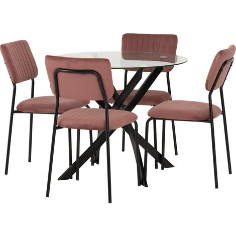 Sheldon Round Clear Glass Top Dining Set with 4 Pink Fabric Chairs