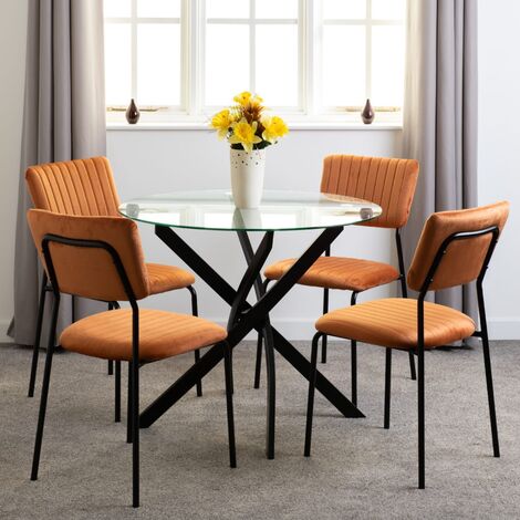 Sheldon Round Clear Glass Top Dining Set with 4 Orange Fabric Chairs