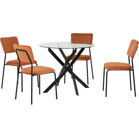 Sheldon Round Clear Glass Top Dining Set with 4 Orange Fabric Chairs