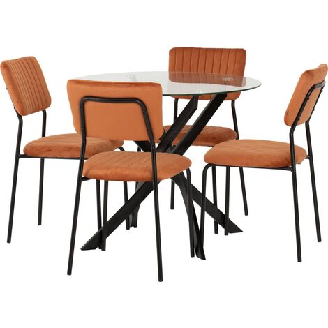 Sheldon Round Clear Glass Top Dining Set with 4 Orange Fabric Chairs