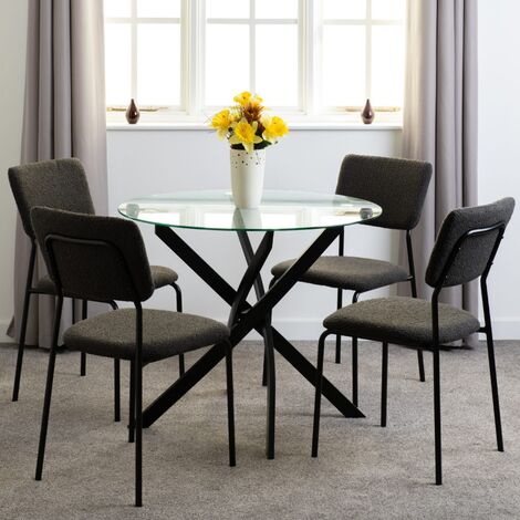 Sheldon Round Clear Glass Top Dining Set with 4 Boucle Grey Fabric Chairs
