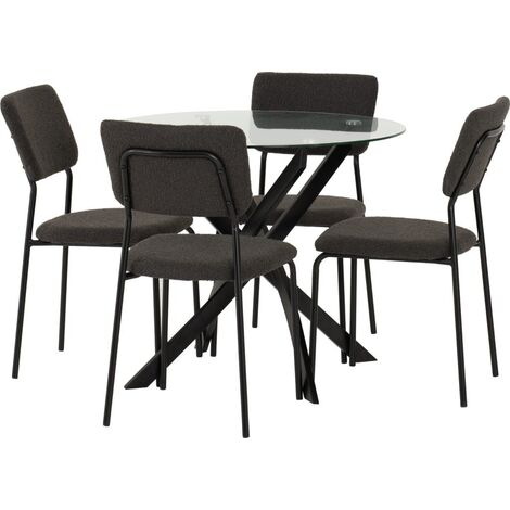 Sheldon Round Clear Glass Top Dining Set with 4 Boucle Grey Fabric Chairs