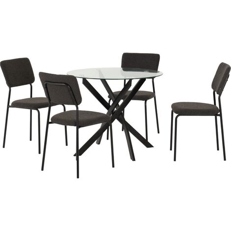 Sheldon Round Clear Glass Top Dining Set with 4 Boucle Grey Fabric Chairs