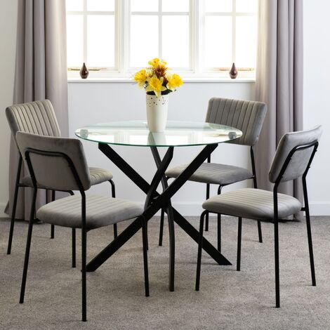 Sheldon Round Clear Glass Top Dining Set with 4 Grey Velvet Fabric Chairs
