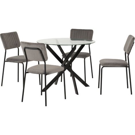 Sheldon Round Clear Glass Top Dining Set with 4 Grey Velvet Fabric Chairs