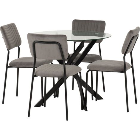 Sheldon Round Clear Glass Top Dining Set with 4 Grey Velvet Fabric Chairs