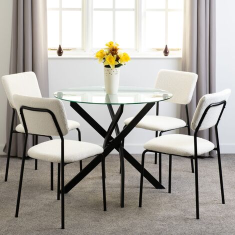 Sheldon Round Clear Glass Top Dining Set with 4 Ivory Boucle Fabric Chairs