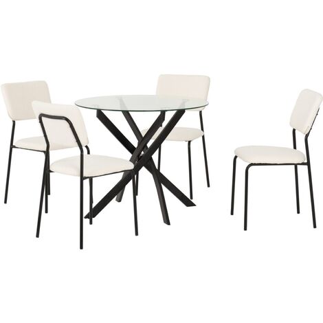 Sheldon Round Clear Glass Top Dining Set with 4 Ivory Boucle Fabric Chairs