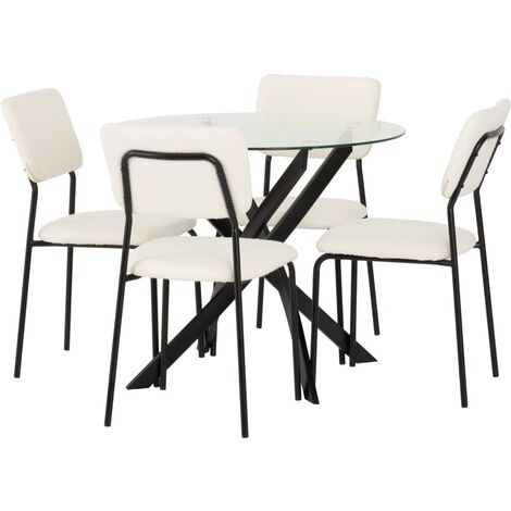 Sheldon Round Clear Glass Top Dining Set with 4 Ivory Boucle Fabric Chairs