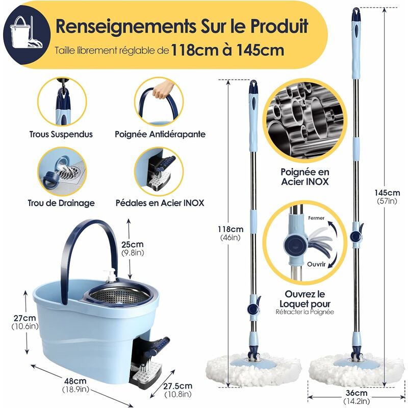 Set de serpillère avec seau, set de serpillière en acier inoxydable de 145  cm, manche