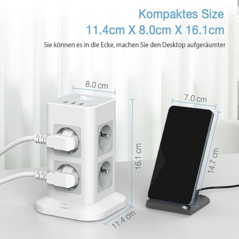 Multiprise, EGETOTA Multiprise Tour, Parafoudre Parasurtenseur avec 8 Prises  et 3 Ports USB, Prise Multiple avec Interrupteur, Bloc Electrique pour  Bureau et Maison, 2m, Gris