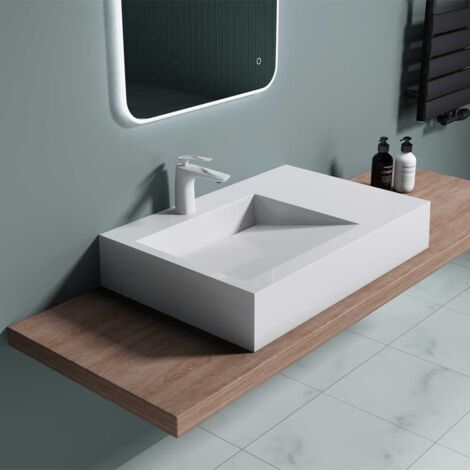 Bathroom Cloakroom 750×500mm Stone Resin Bathroom Basin With Side Hand Shelf - Wall Hung Or Countertop Rectangular Sink - No Waste Required - Durovin Bathrooms